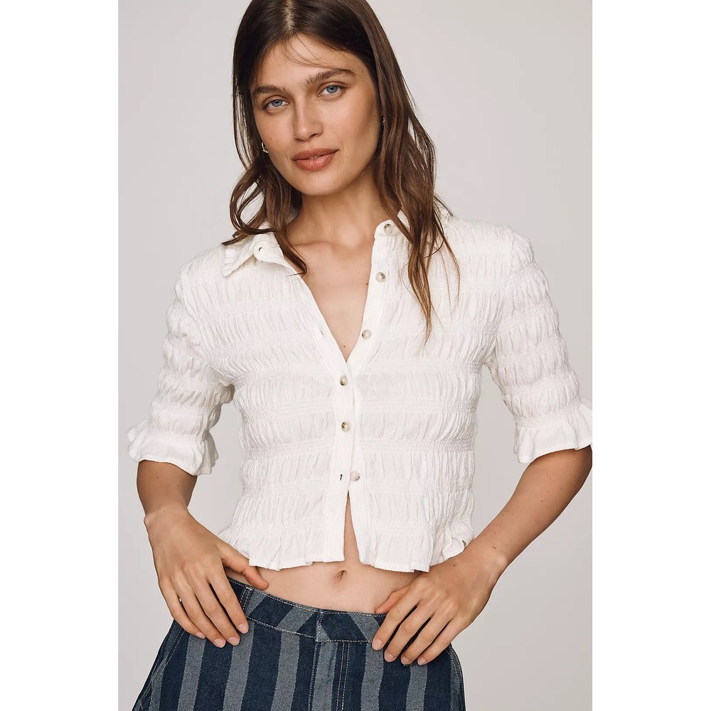 Maeve Anthropologie Smocked Blouse Women Small Ivory Ruffle Button Front Cropped